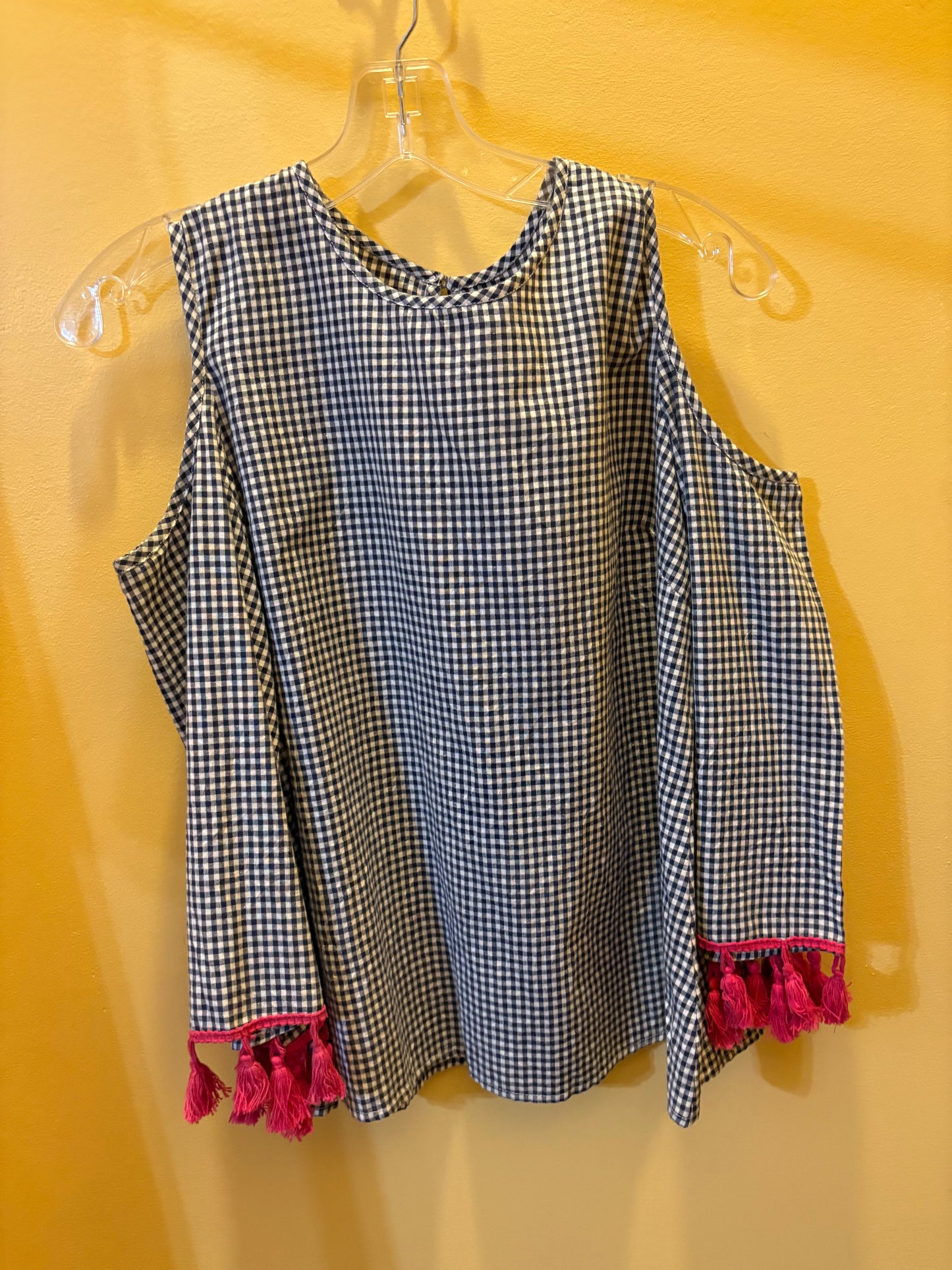 Gingham Cold-Shoulder Top with Playful Tassels