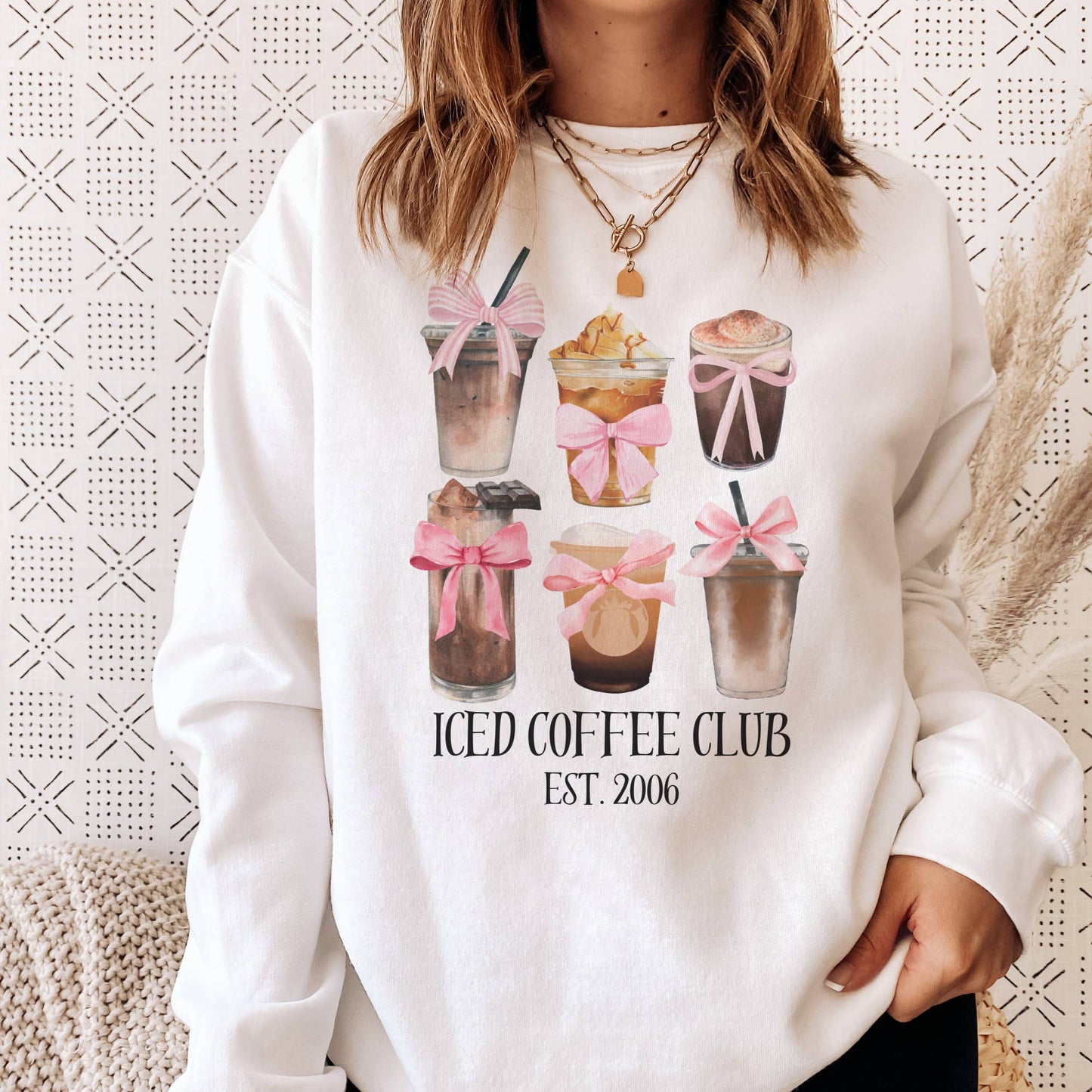Coquette Sweatshirt Ice Coffee and Pink Bow Collage Sweatshi: Sand / XL