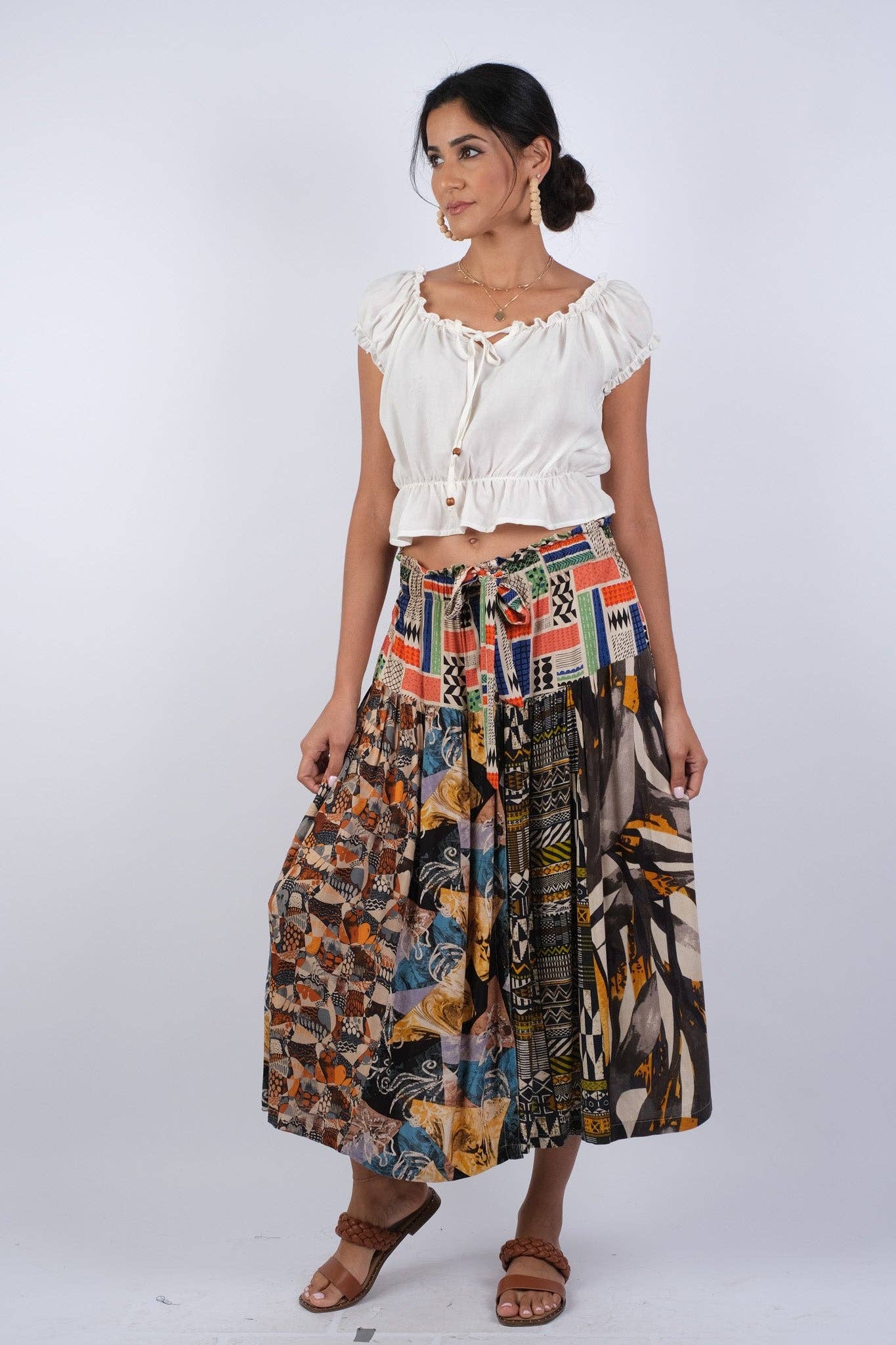 Abstract Allure Patchwork Boho Button Skirt: 2 / (Two Size Pack: S/M & L/XL)