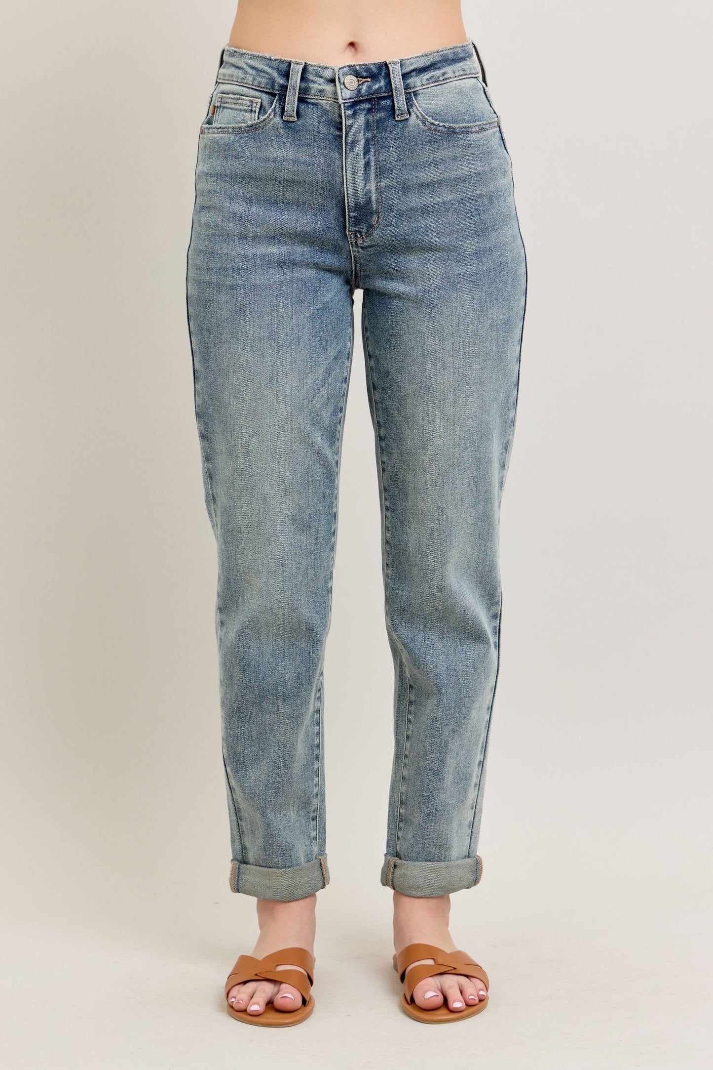 High Waisted Vintage Wash Double Roll Cuff Boyfriend: MD / 11(30)