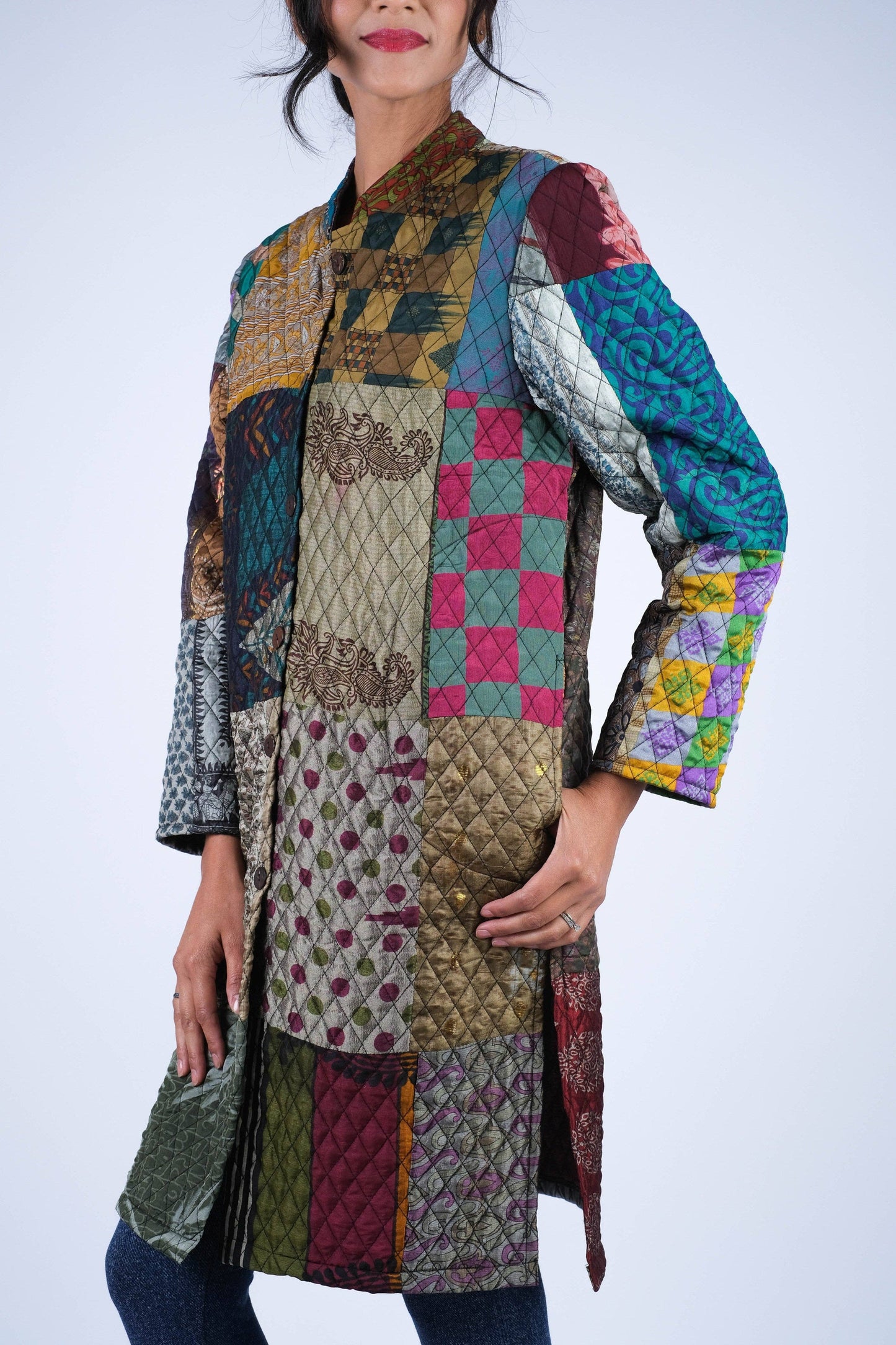 Vibrant Patchwork Quilted Poly Silk Jacket: 2