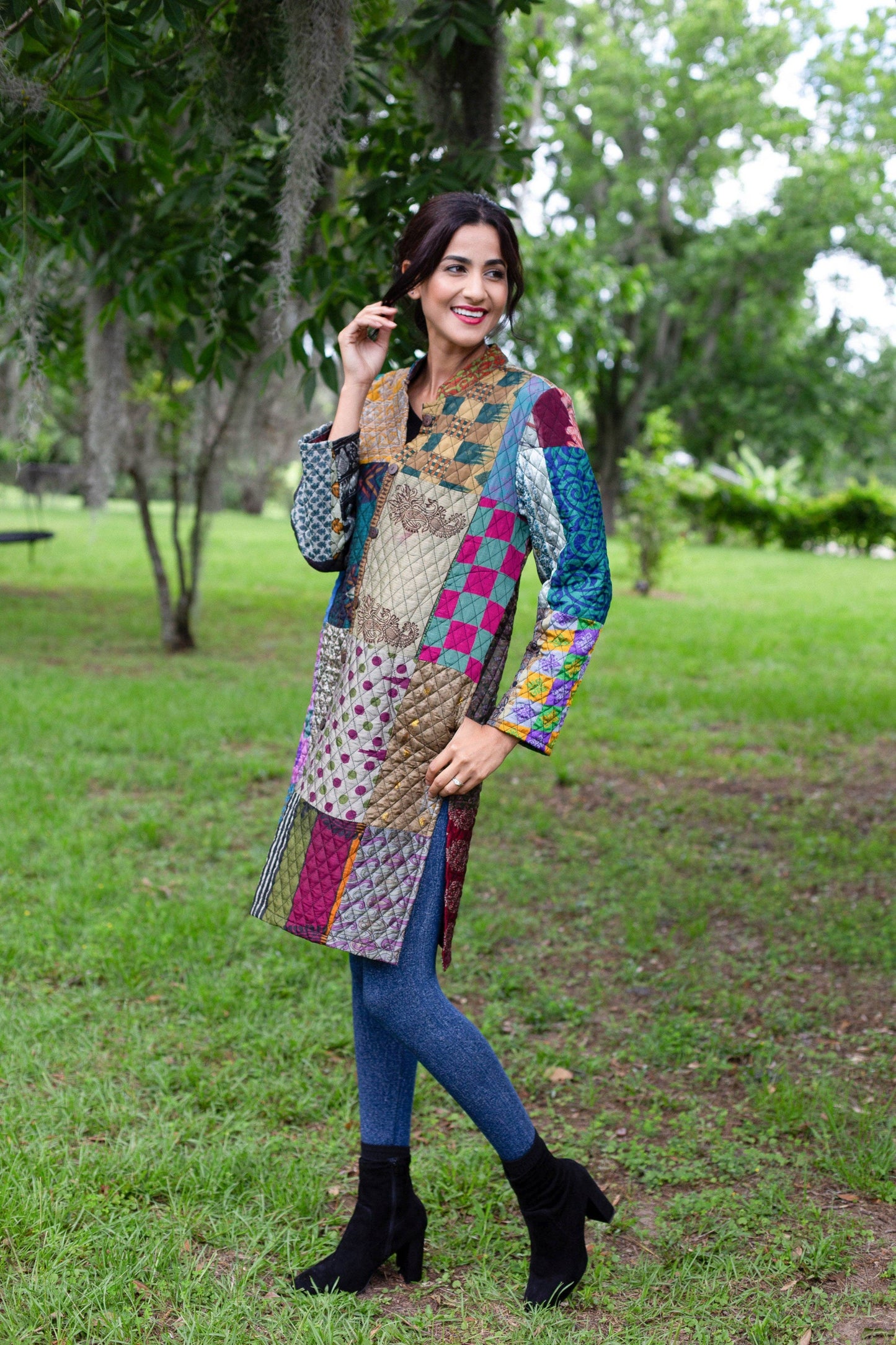 Vibrant Patchwork Quilted Poly Silk Jacket: 2