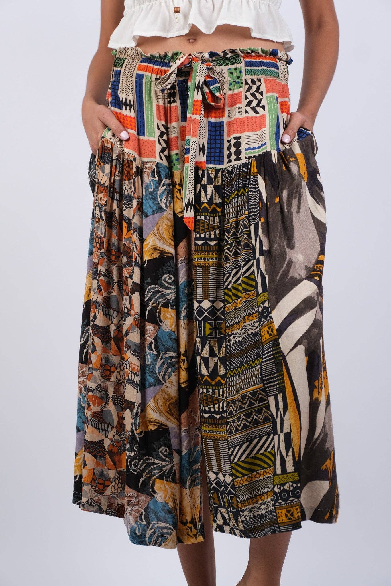 Abstract Allure Patchwork Boho Button Skirt: 2 / (Two Size Pack: S/M & L/XL)