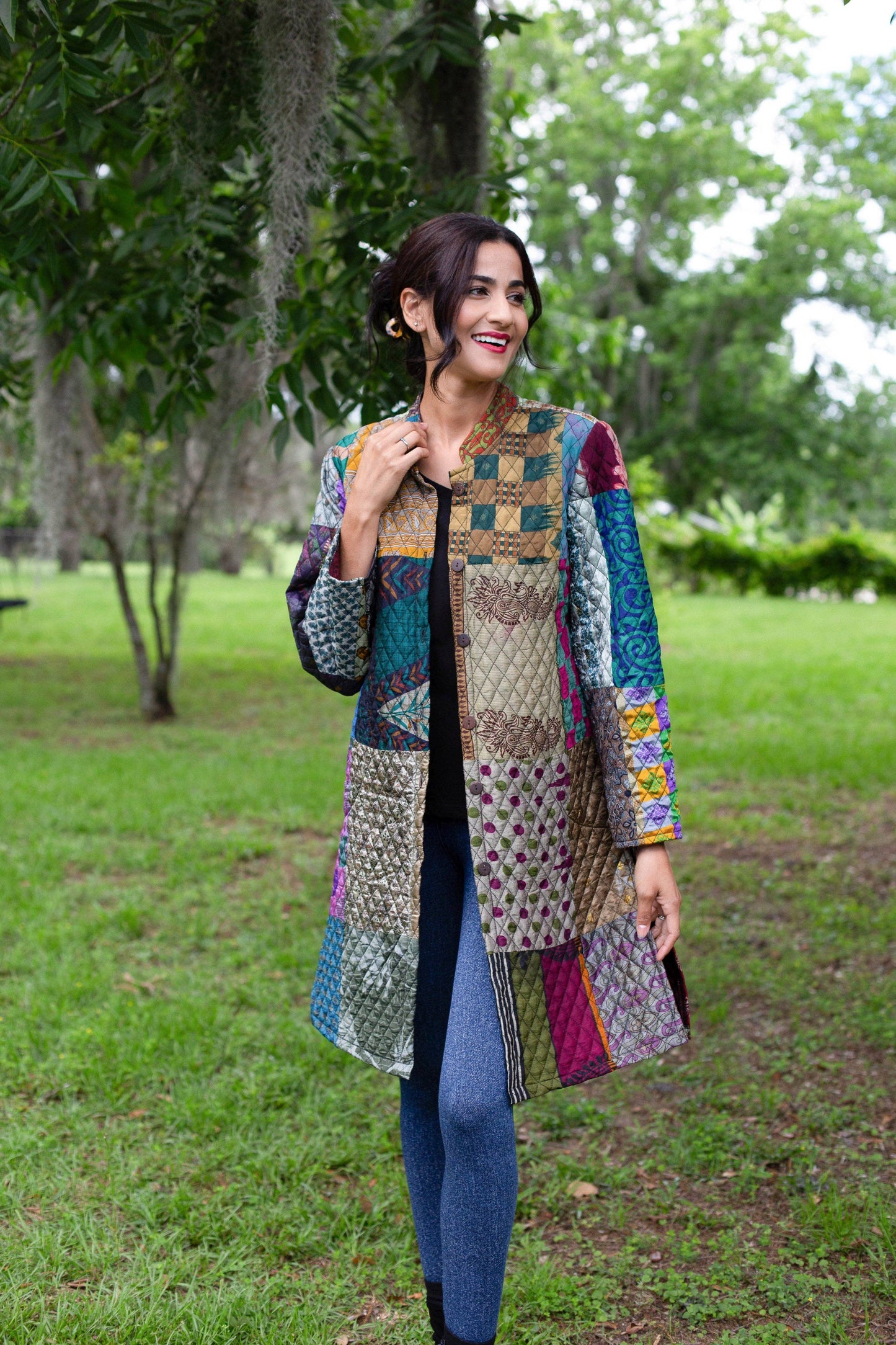 Vibrant Patchwork Quilted Poly Silk Jacket: 2