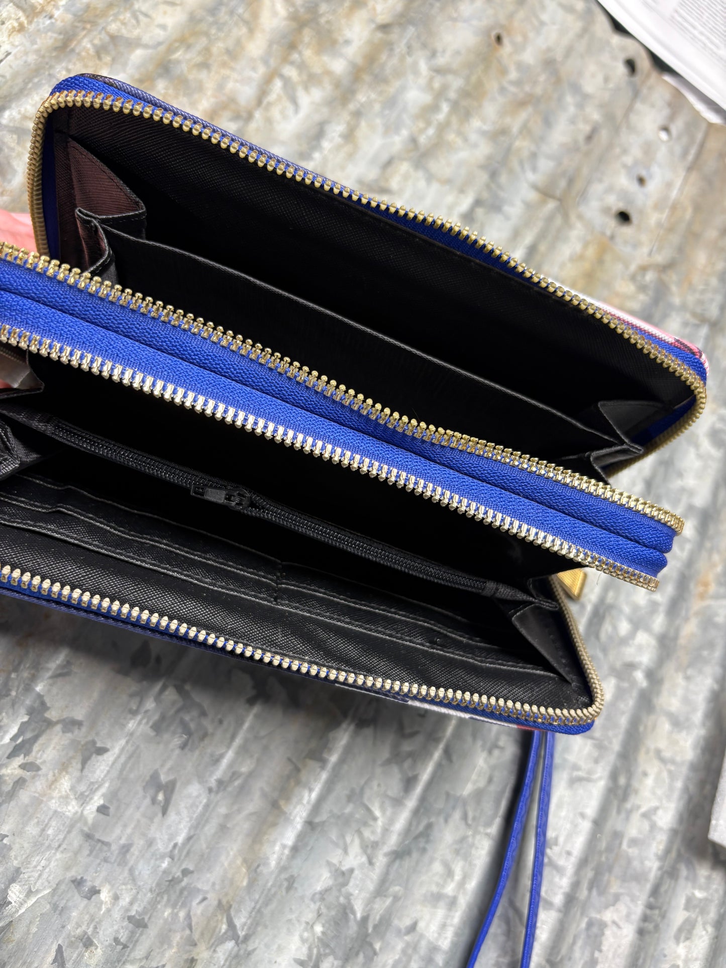 Blue Plaid Zip-Around Wallet with Wrist Strap