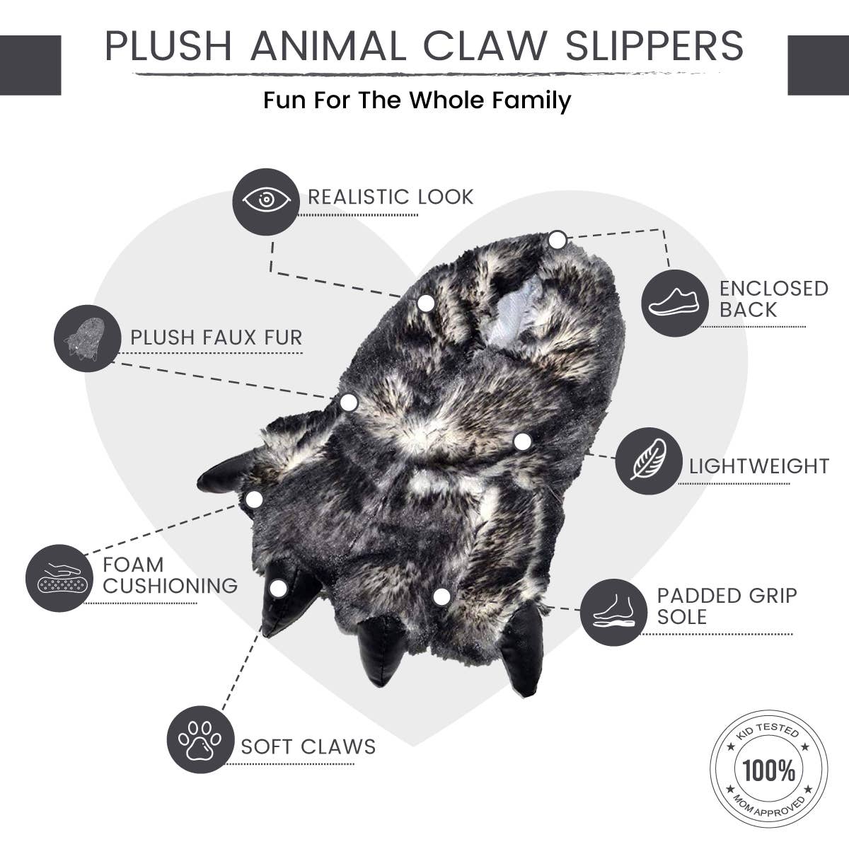 Norty Boys Girls Women Men Soft Animal Claw Paw Feet Indoor Slippers 39439- Black Tip Claw: Medium (Kids/Adults)