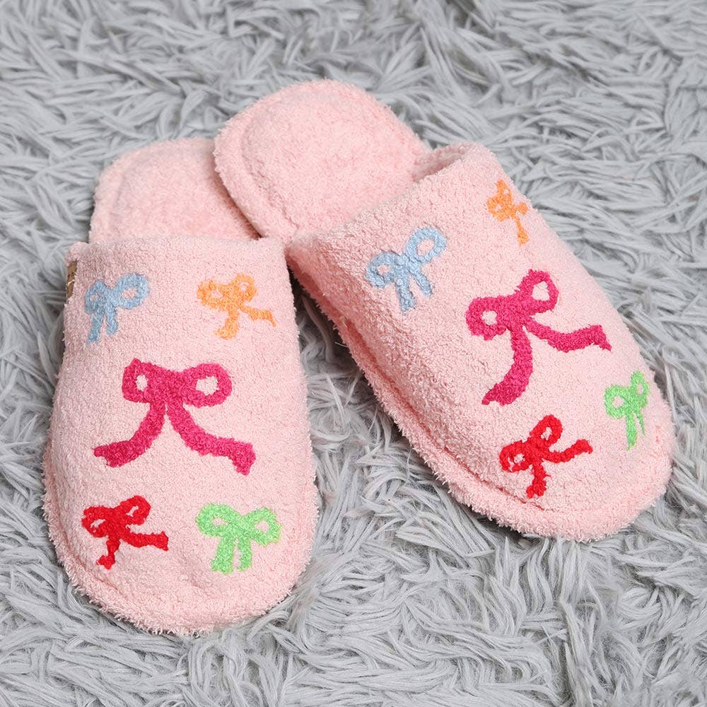 Multi Ribbon Embroidered Soft Home Indoor Floor Slippers: Pink / S/M