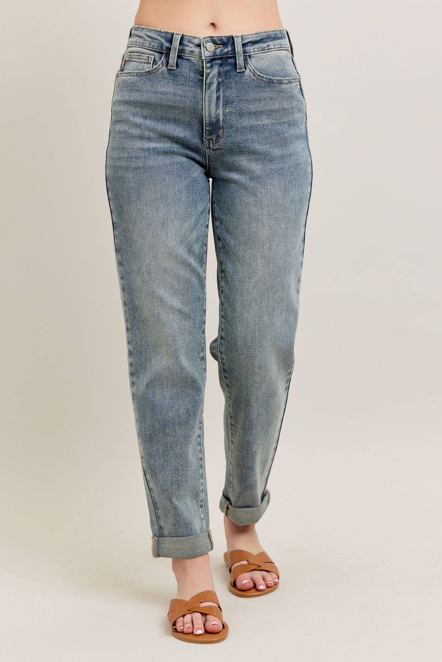 High Waisted Vintage Wash Double Roll Cuff Boyfriend: MD / 5(27)