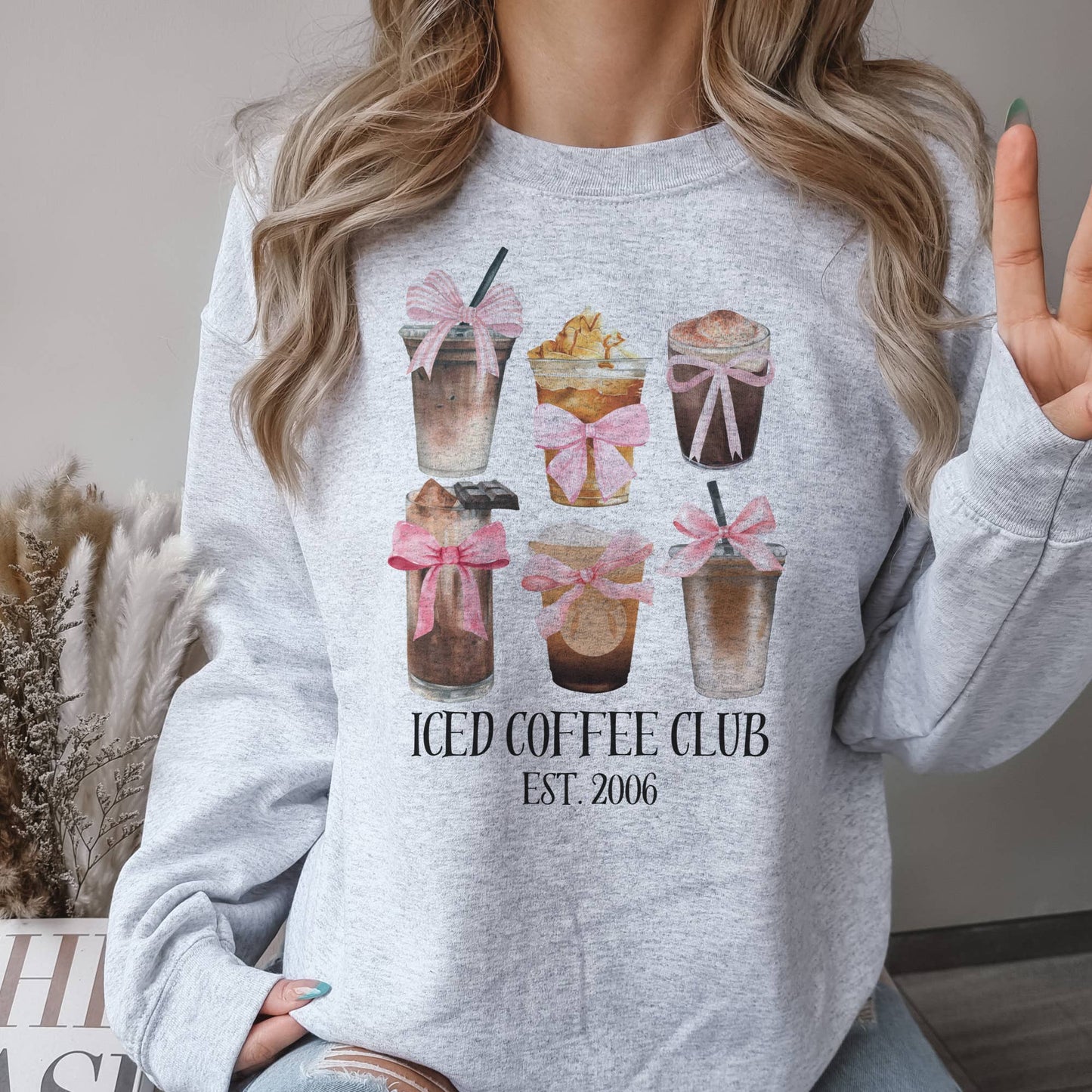 Coquette Sweatshirt Ice Coffee and Pink Bow Collage Sweatshi: Sand / M