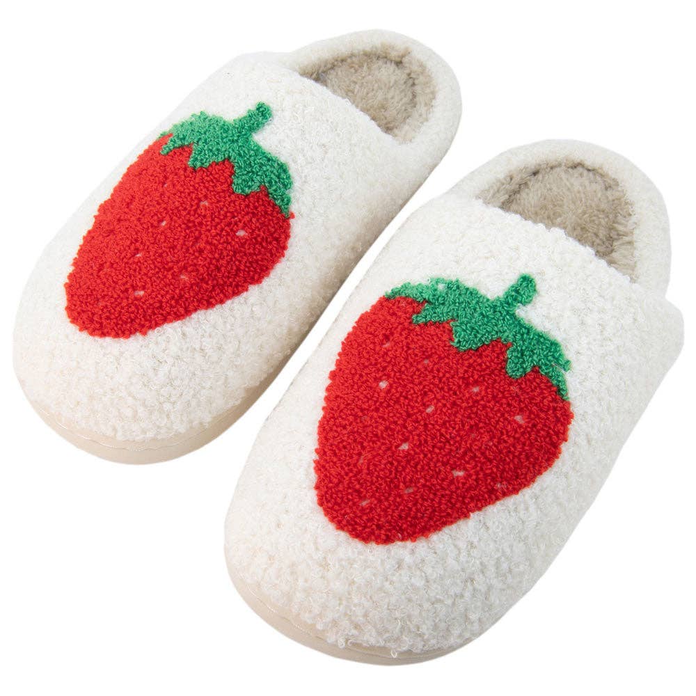 Large Strawberry Fuzzy Slippers: White / L/XL