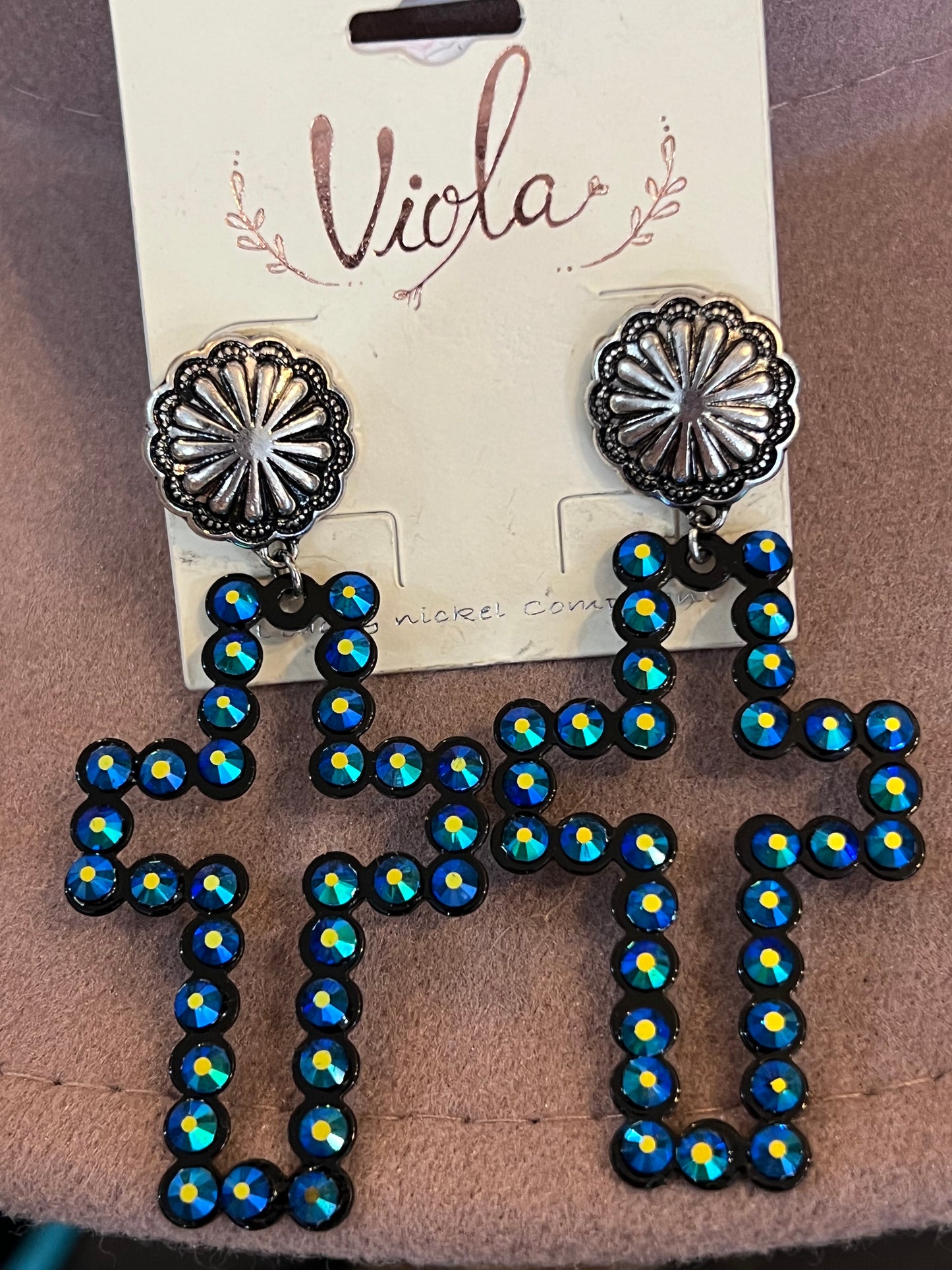 Viola Cross Dangle Earrings with Blue Rhinestones and Silver-Tone Studs