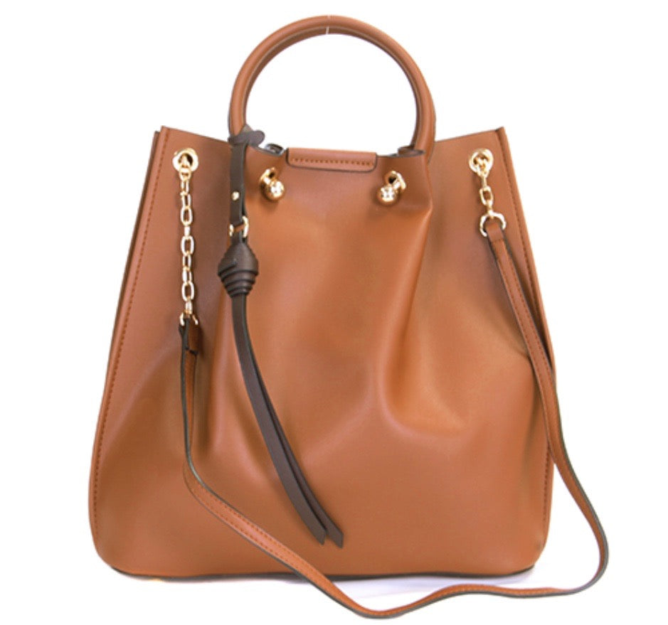 “Cognac Brown Leather Bucket Bag with Drawstring Detail”