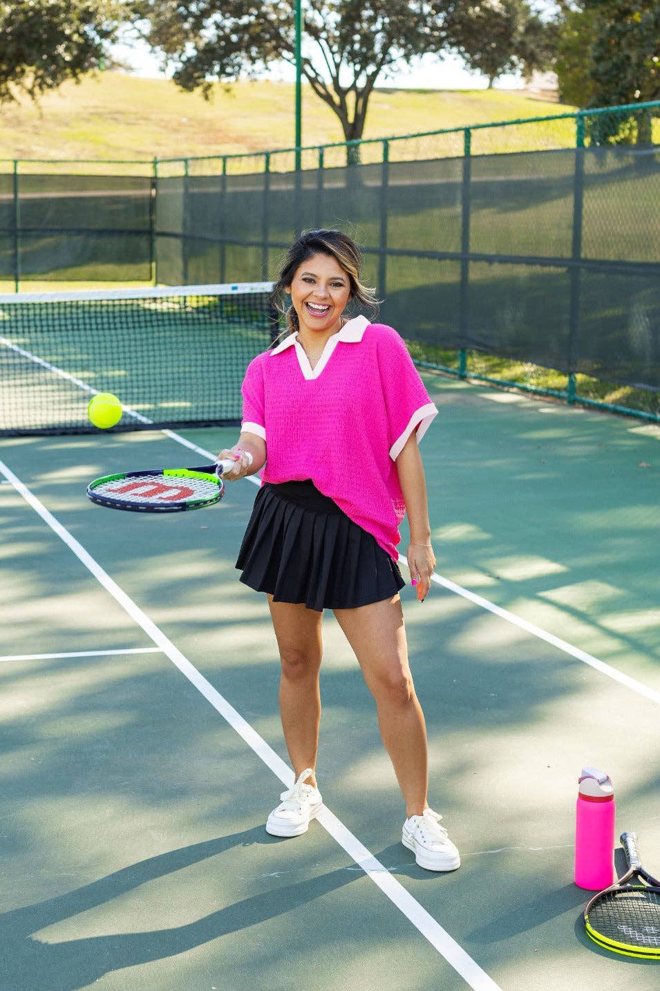 Textured Polo Top, Hot Pink/White: Pink / S