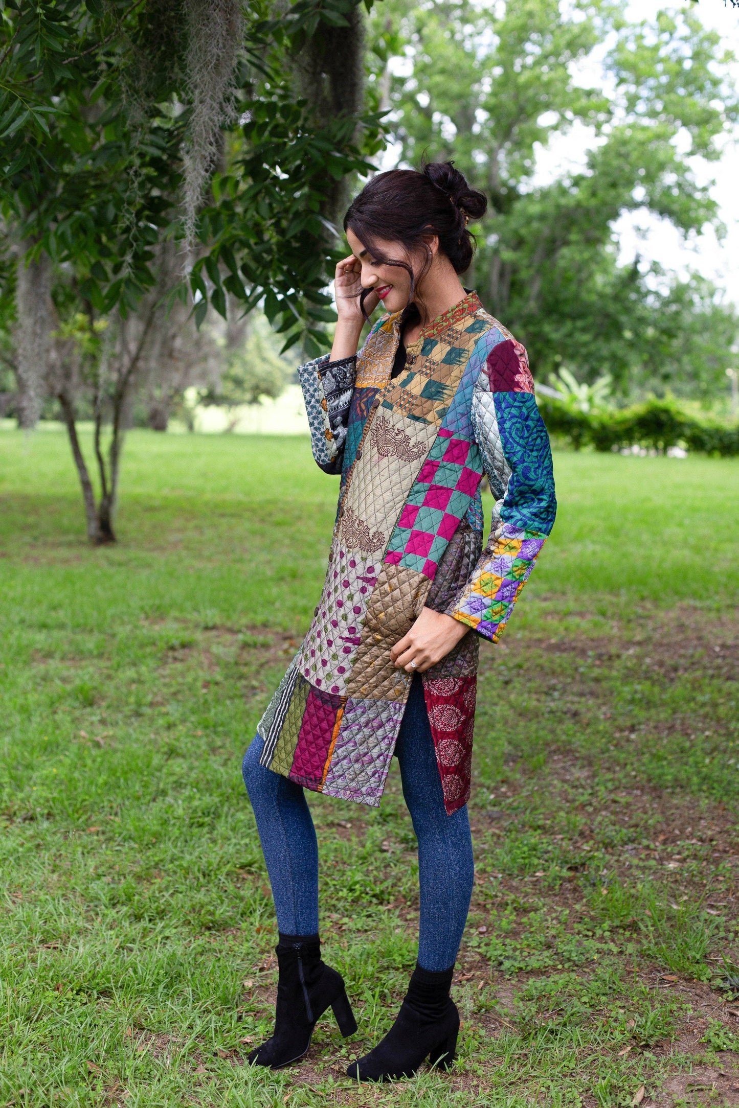 Vibrant Patchwork Quilted Poly Silk Jacket: 2