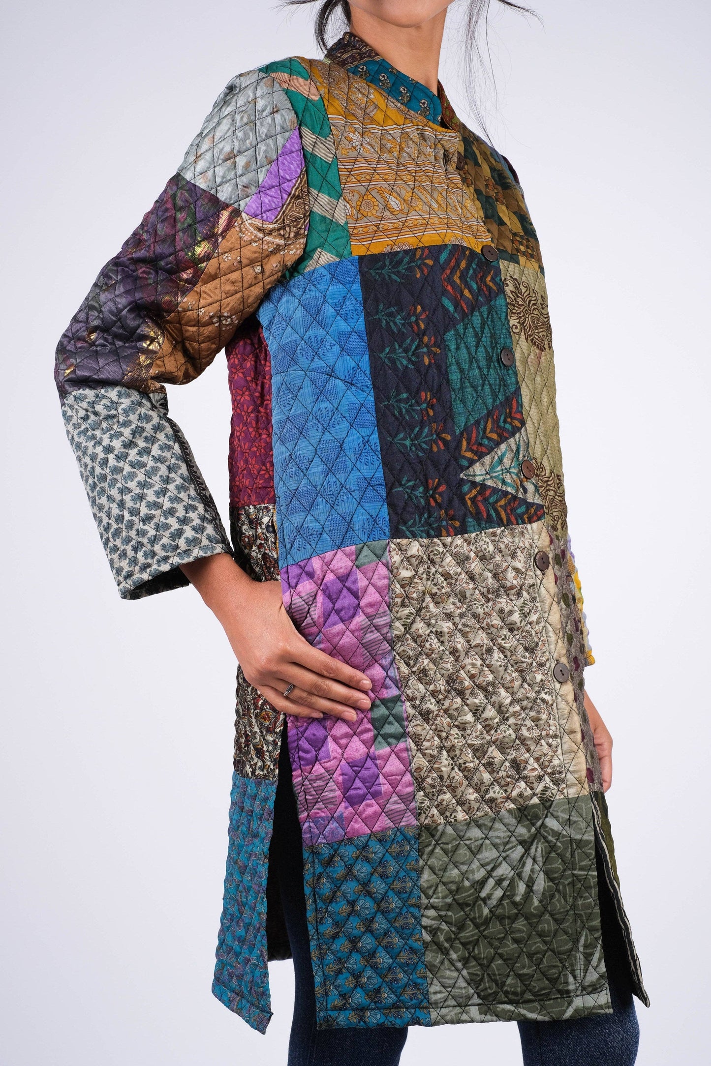 Vibrant Patchwork Quilted Poly Silk Jacket: 2