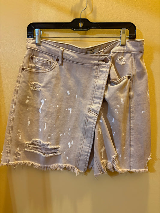 Distressed Light Gray Denim Skirt with Artistic Paint Splatter