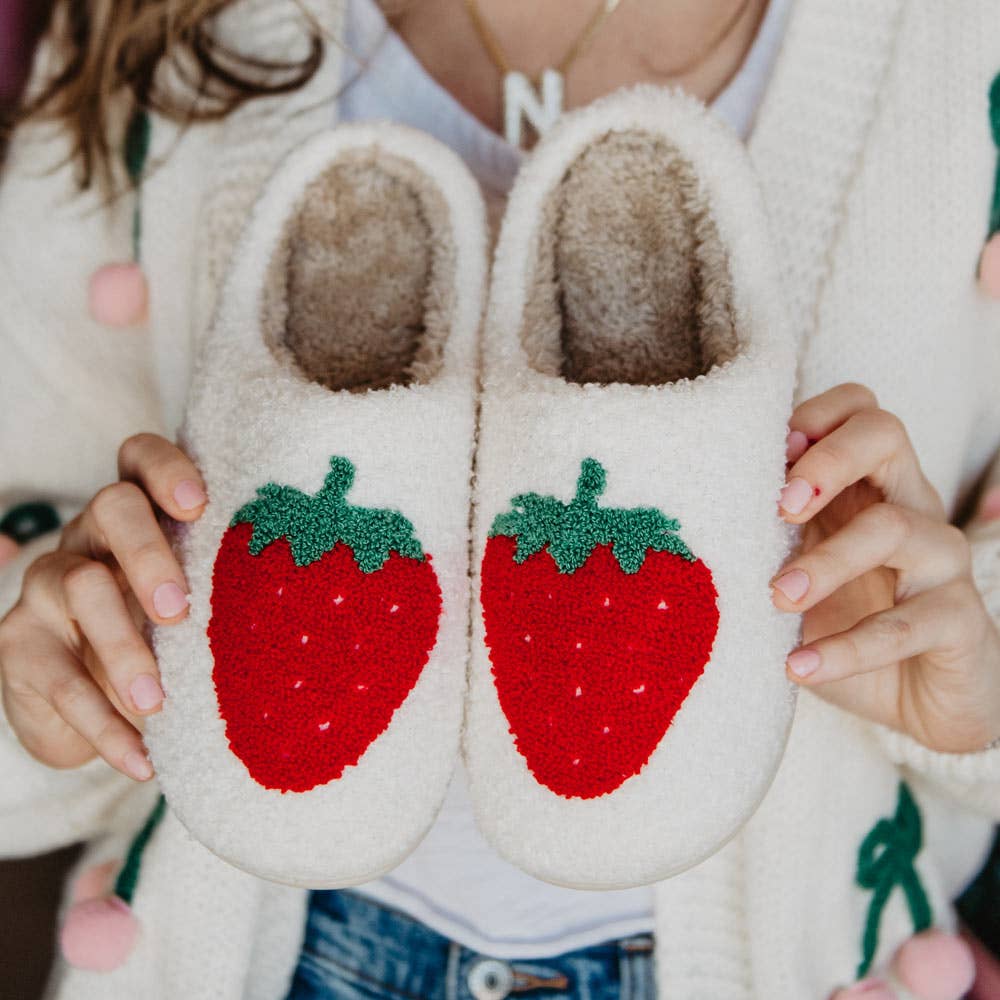 Large Strawberry Fuzzy Slippers: White / L/XL