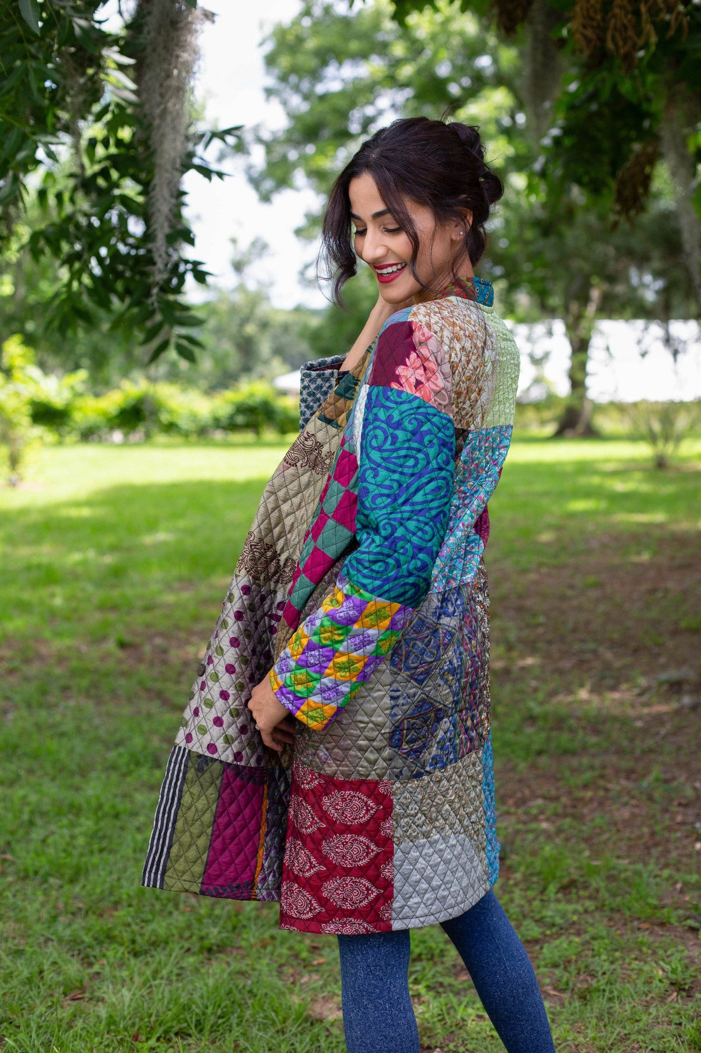 Vibrant Patchwork Quilted Poly Silk Jacket: 2