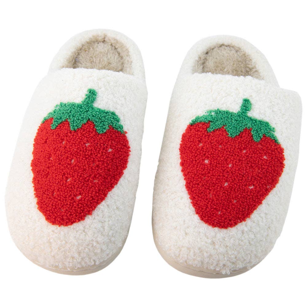Large Strawberry Fuzzy Slippers: White / L/XL