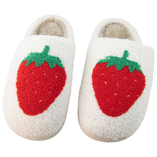 Large Strawberry Fuzzy Slippers: White / L/XL
