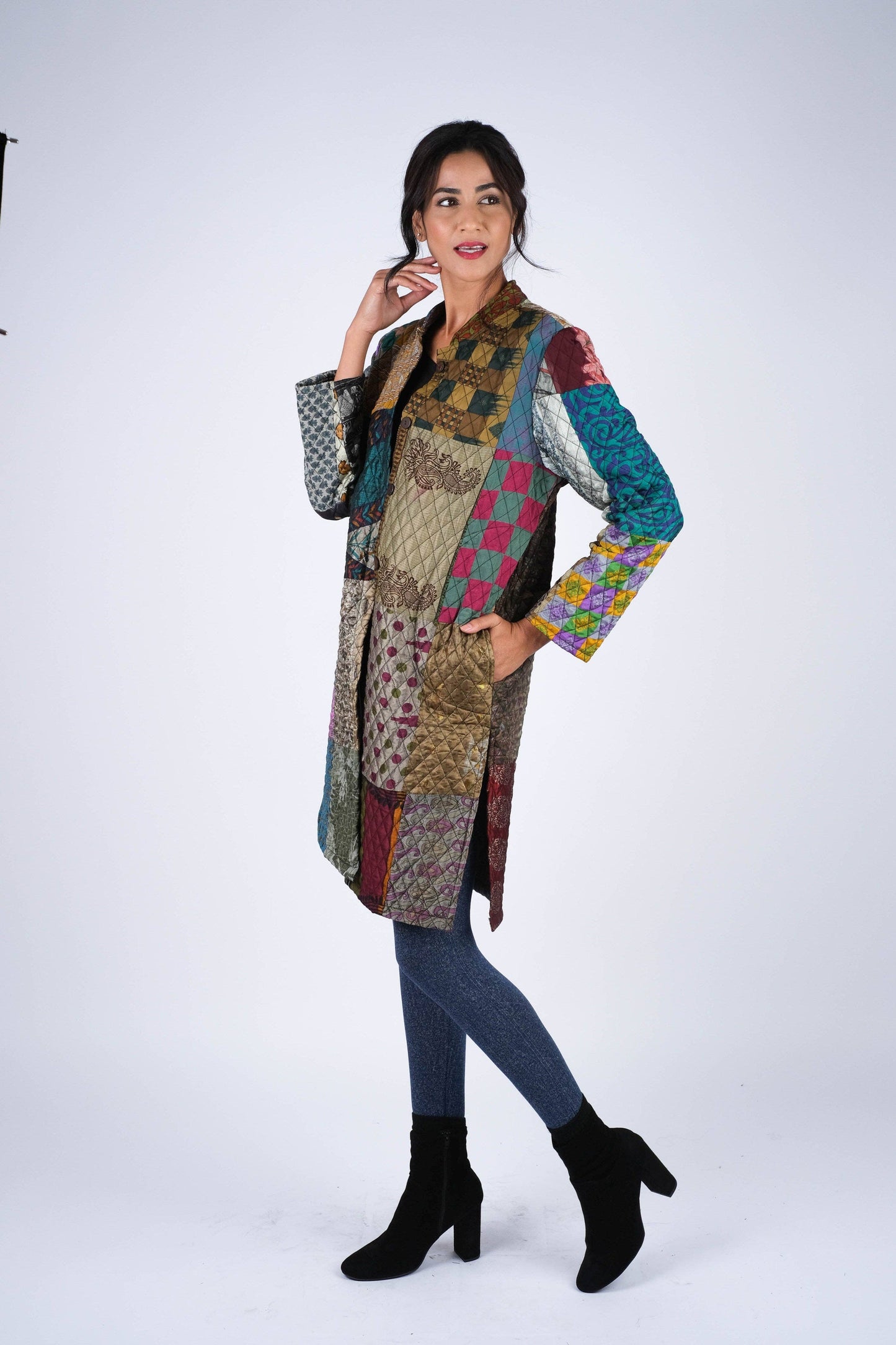Vibrant Patchwork Quilted Poly Silk Jacket: 2