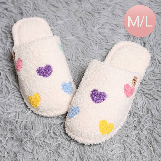 Hearts Embroidered Soft Home Indoor Floor Slippers: WHITE / M/L