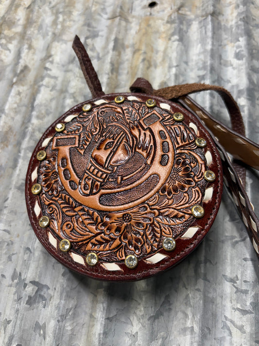 Handcrafted Leather Round Crossbody Bag with Western Embossed Design