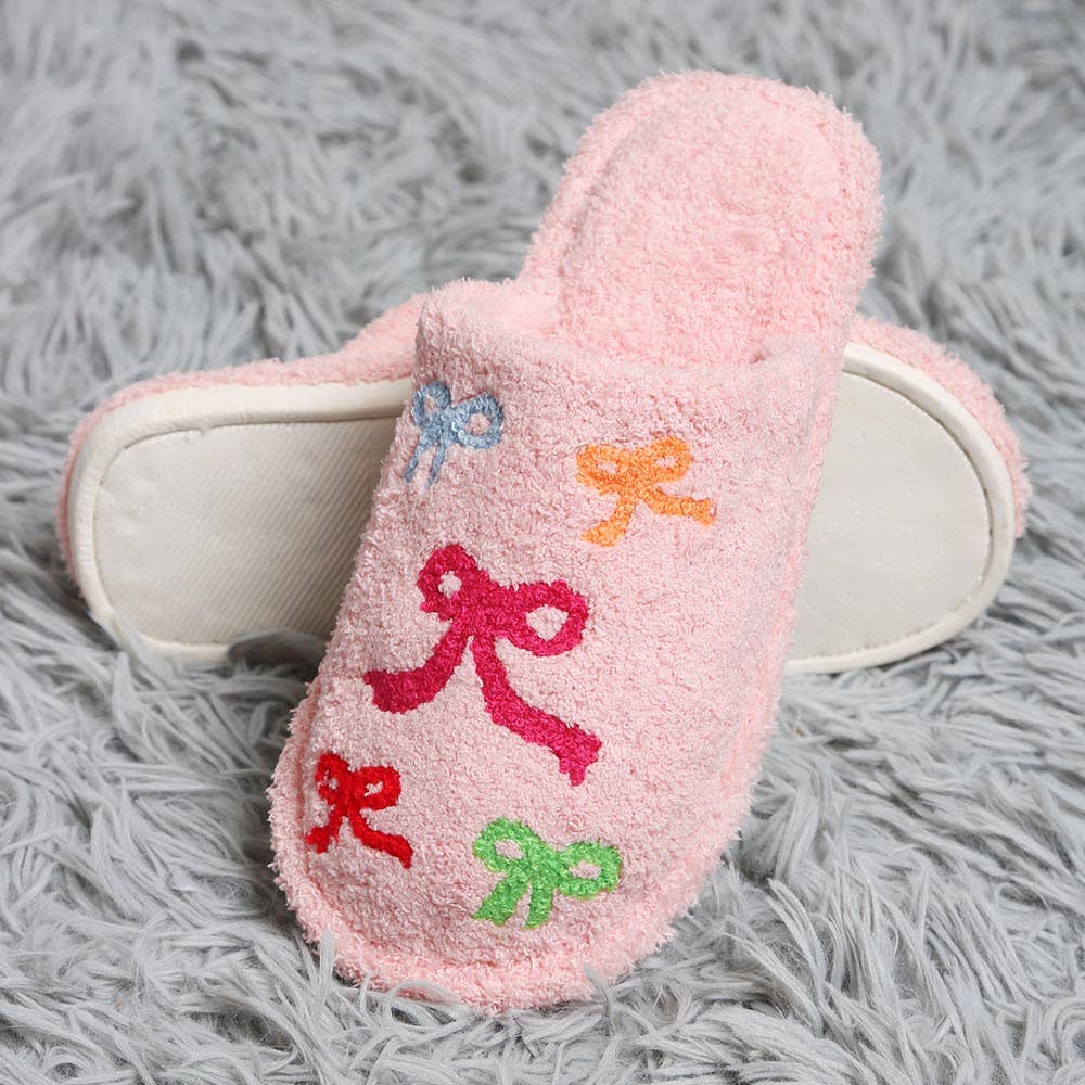 Multi Ribbon Embroidered Soft Home Indoor Floor Slippers: Pink / M/L