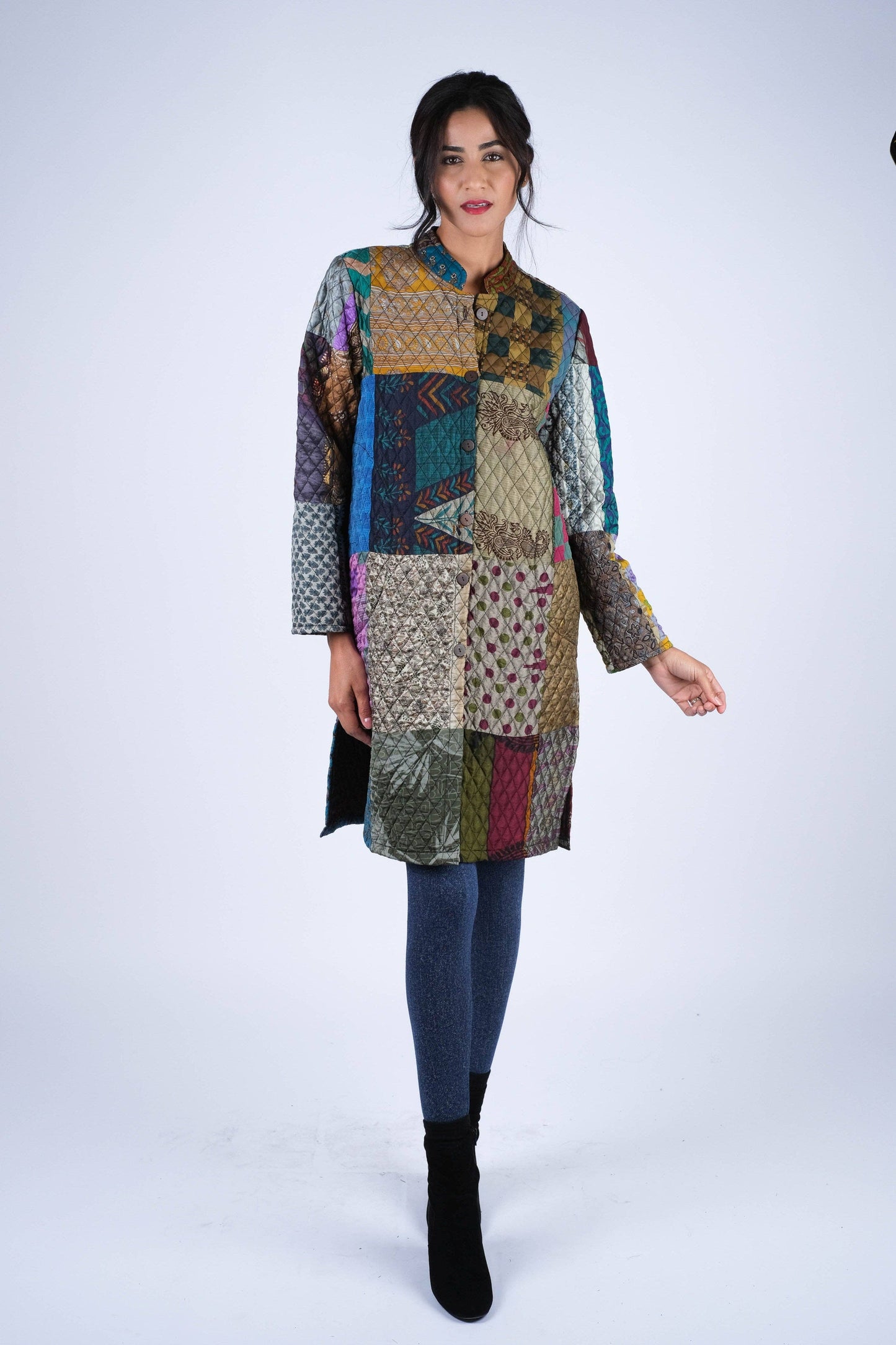 Vibrant Patchwork Quilted Poly Silk Jacket: 2
