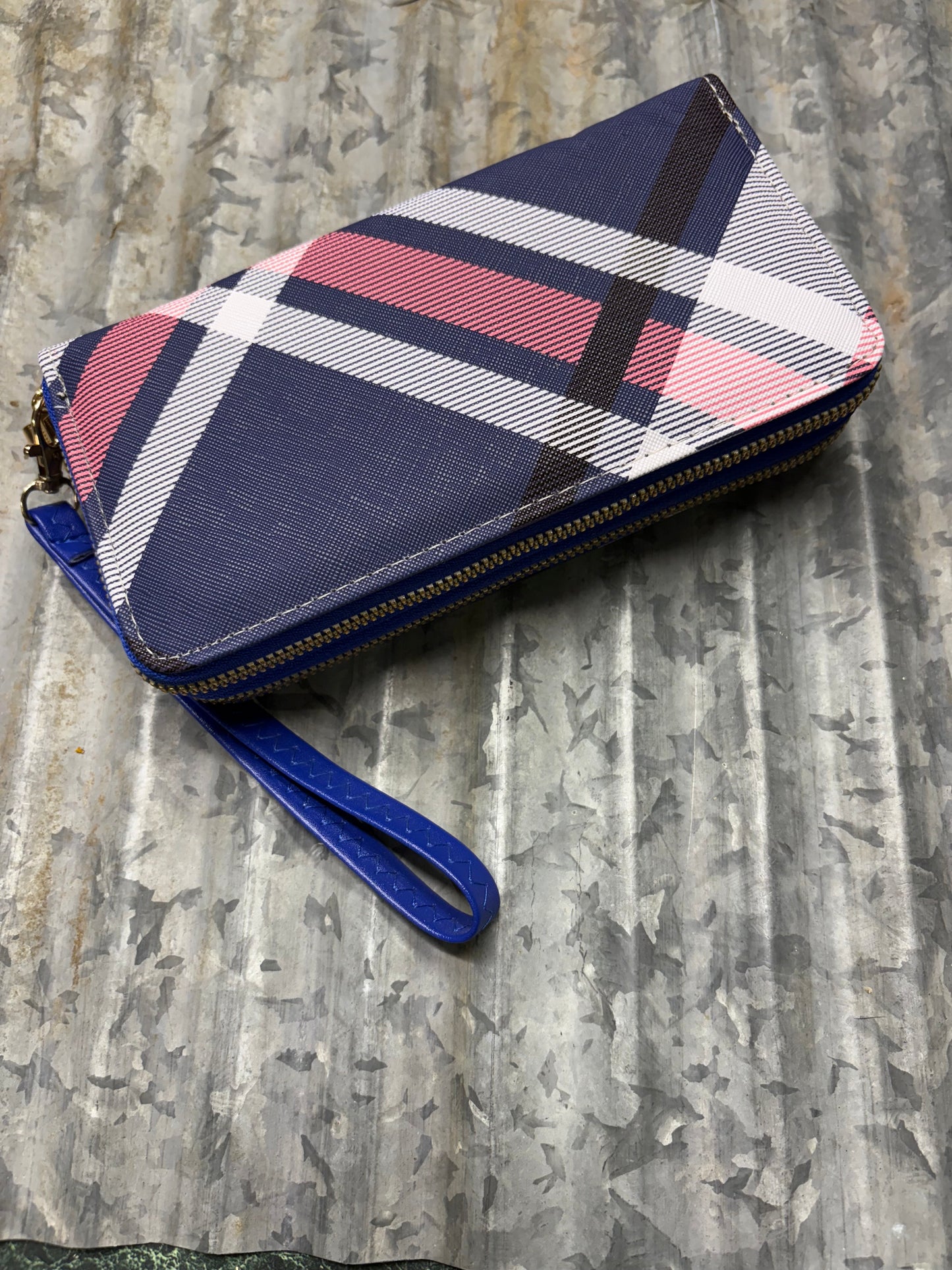 Blue Plaid Zip-Around Wallet with Wrist Strap