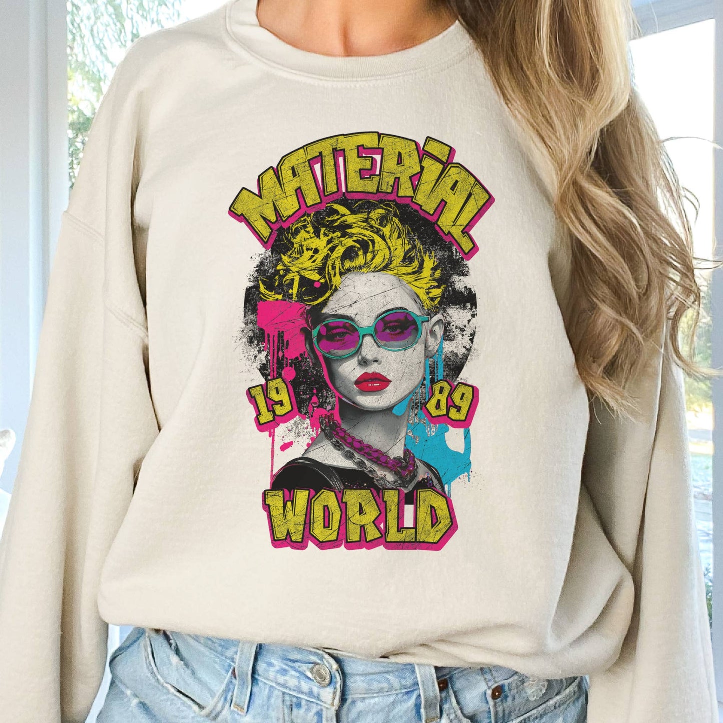 Material World Concert Sweatshirt  Rock and Roll Pullover: Sand / Large
