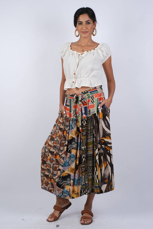 Abstract Allure Patchwork Boho Button Skirt: 2 / (Two Size Pack: S/M & L/XL)