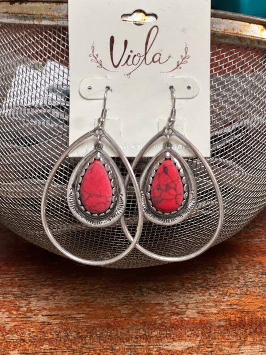 Viola Red Teardrop Stone Earrings with Silver-Tone Frame showcase