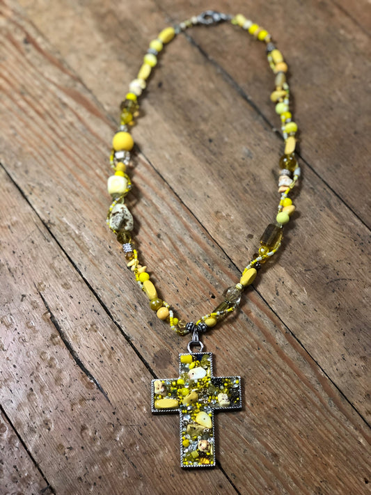 “Yellow and Green Crystal Cross Pendant Necklace”