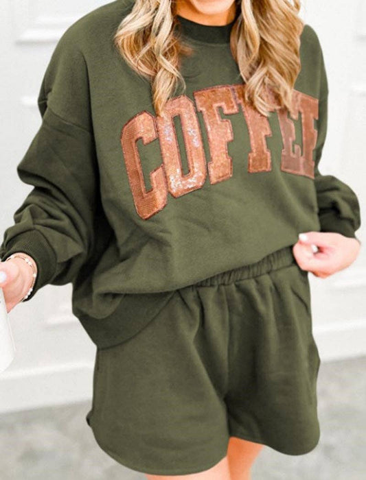 Letter Graphic Top and Shorts Set: GREEN / L
