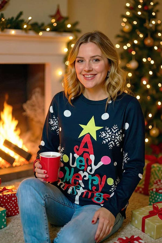 A Very Merry Christmas black long sleeve women top BQ15770: XL (US 16-18)