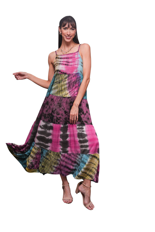Boho Tie Dye Spaghetti Strap Maxi  Dress: 2 / (Two Size Pack: S/M & L/XL)