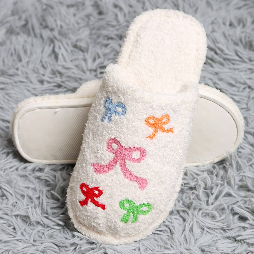 Multi Ribbon Embroidered Soft Home Indoor Floor Slippers: Pink / M/L