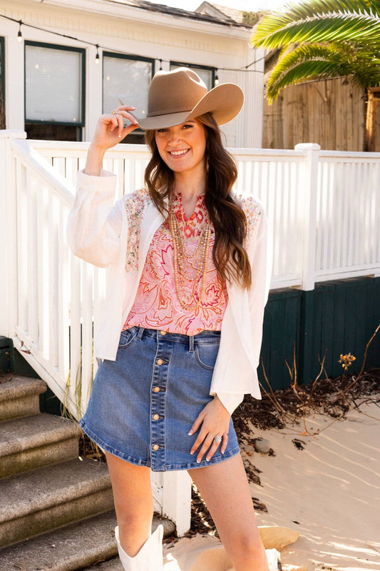 Button-Up with Embroidered Yoke, White: White / L