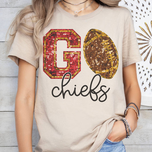Go Chiefs Kansas City Football Faux Glitter Sublimation Tees: Beige / XL Unisex