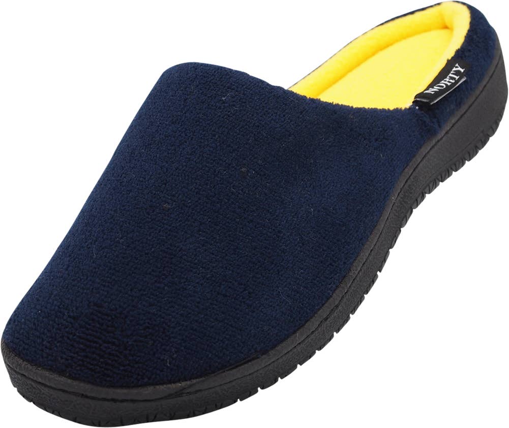 Norty Mens Slippers - Memory Foam Mule and Clog Slippers - Faux Suede, Microfiber or Flannel 40822-Navy/Yellow: Large