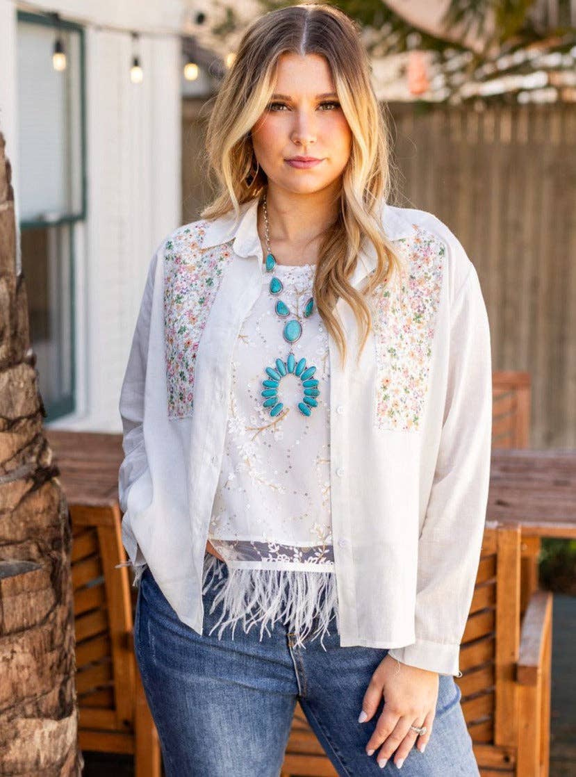 Button-Up with Embroidered Yoke, White: White / L