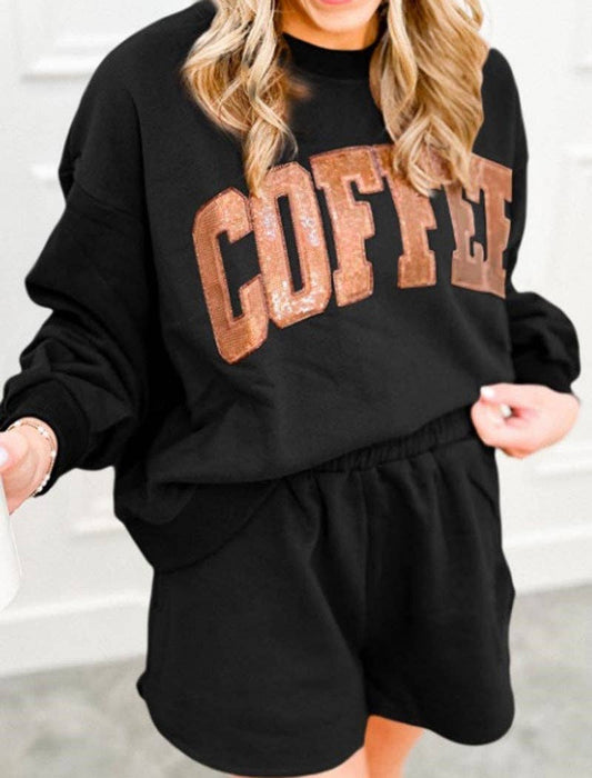 Letter Graphic Top and Shorts Set: BLACK / L